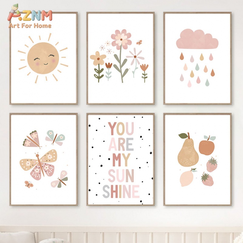 Baby Nursery You Are My Sunshine - AZNM あなたは私の太陽 かわいい太陽の花 蝶々 フルーツ キャンバス