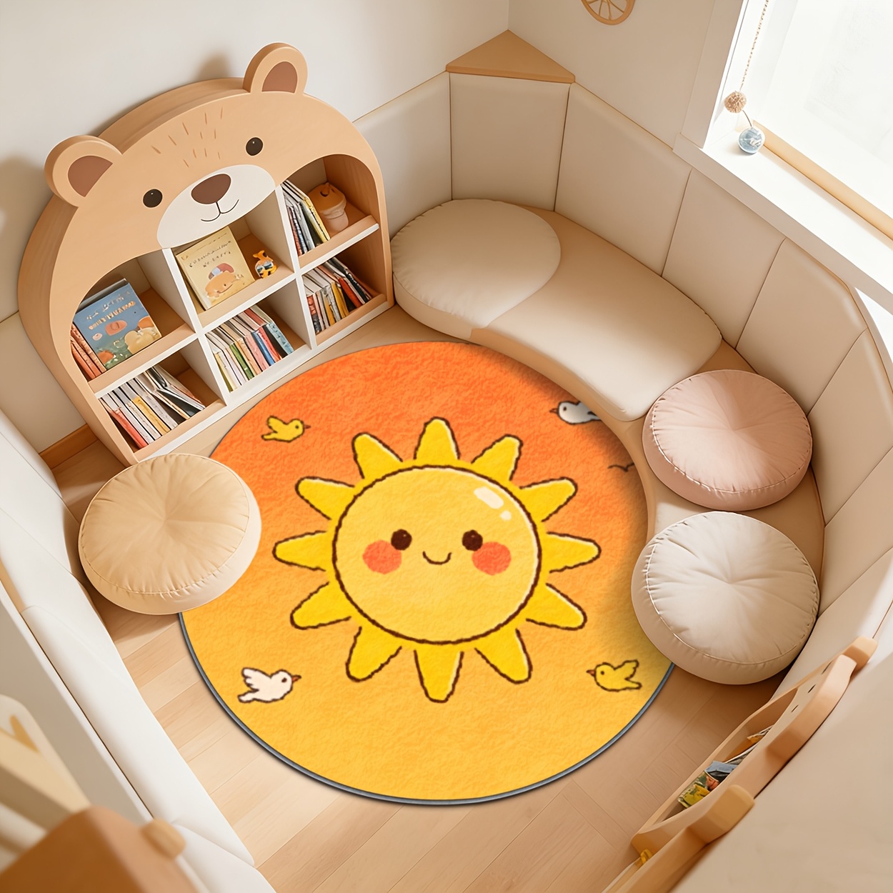 Baby Nursery Yellow - 子供用丸型サンラグ イエロー プレイマット 保育園装飾 可愛いベビーカーペット ソフトエリアラグ