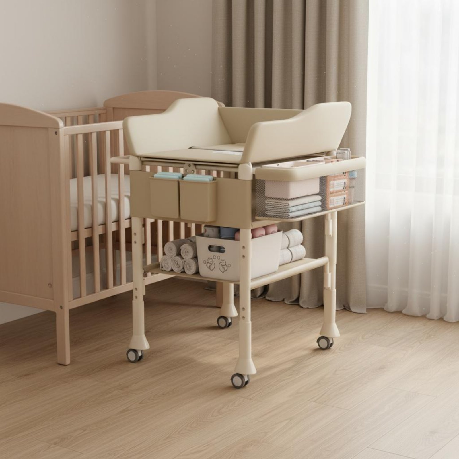 Baby Nursery Unisex - ベビーバス＆おむつ替え台コンボ 2in1 高さ調節可能 ベビーケアテーブル 移動式おむつ替え台 簡単折りたたみ