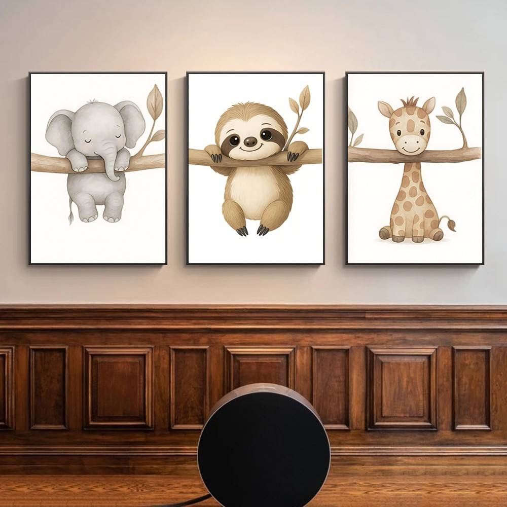 Baby Nursery Gender Neutral - ニュートラルなボヘミアンサファリの赤ちゃん動物ウォールアート、キュートなナマケモノ、ゾウ、キリンのポスター、ジェンダーニュートラルな保育園、子供部屋、ギャラリー、家の装飾に