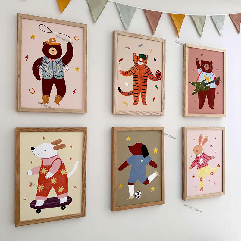 Baby Nursery Items - 面白い漫画の動物の保育園用ウォールアートキャンバス絵画、クマ、トラ、ウサギ、ネズミ、犬のポスター＆プリント、赤ちゃん子供部屋の装飾