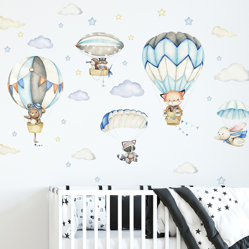 Baby Nursery Items - 漫画かわいい動物熱気球ウォールステッカーキッズルームベビー保育園ルーム壁飾り寝室の装飾家の装飾 PVC