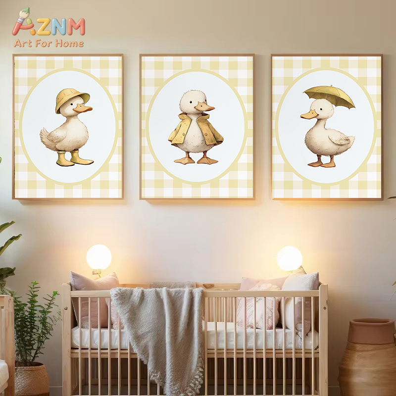 Baby Nursery Yellow - AZNM かわいいアヒルキャンバスウォールアート黄色の格子縞の背景漫画アヒルイラスト自由奔放に生きるベビー保育園装飾ポスター非フレーム化