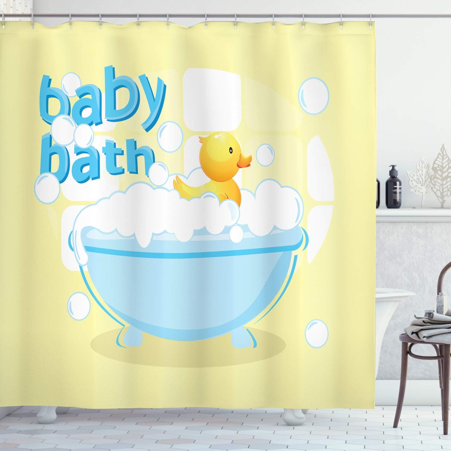Baby Nursery Curtains - 黄色のベビーバスシャワーカーテン楽しいデザイン防水バスルームシャワーカーテン子供用保育園装飾用