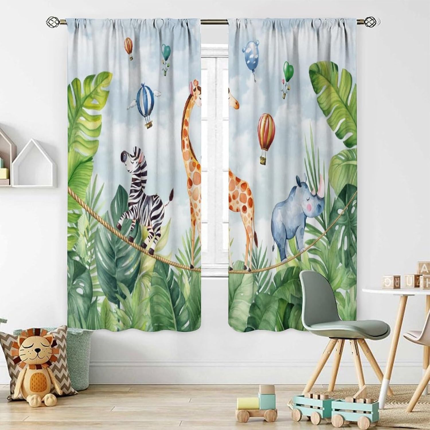Blackout Curtain Nursery - サファリ、ジャングル、アニマルプリント遮光カーテン、ポリエステル、ロッドポケット、屋内、寝室、保育室、キッチン、リビングルーム