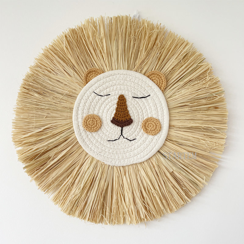 Baby Nursery Items - 北欧風手作りライオンの壁飾り、綿糸と藁で編まれた動物の頭の形をした壁掛け飾り、子供部屋の装飾に
