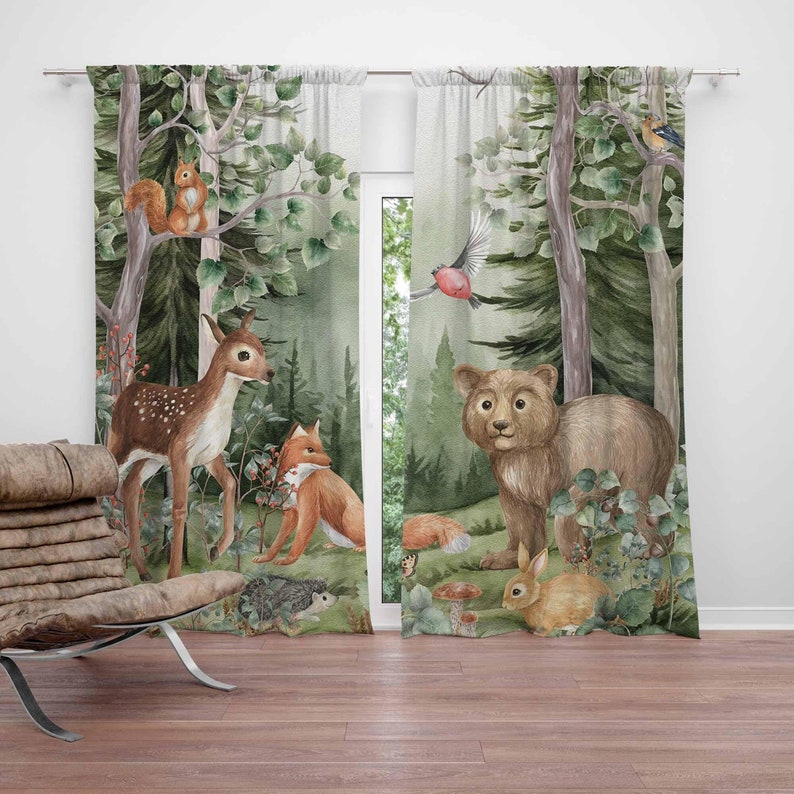 Baby Nursery Curtains - 森の動物カーテン子供保育園遮光保育園装飾ベビールームカーテン森の寝室リビングルームカーテン