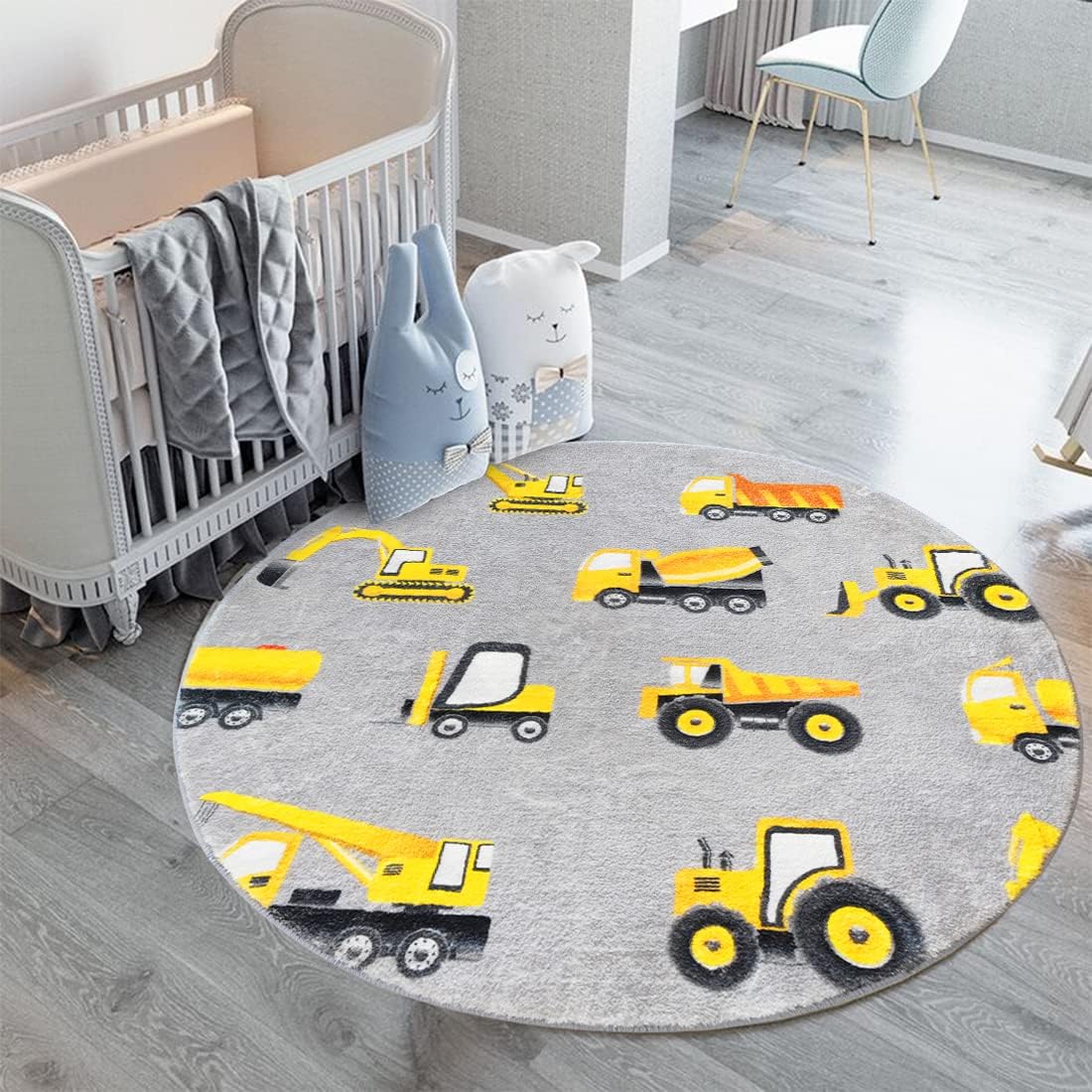 Baby Nursery Yellow - グレーの建設車両ラウンドラグ、黄色の掘削機トラック、赤ちゃんの保育園の床用