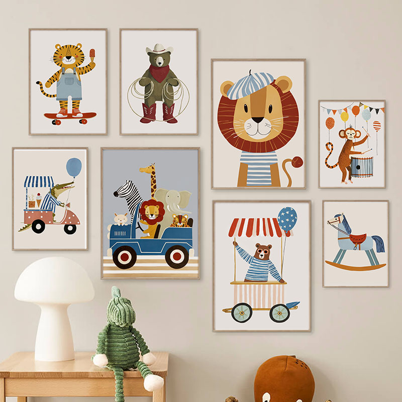 Baby Nursery Items - 面白い漫画の動物車風船保育園ウォールアートキャンバス絵画ライオンベアタイガーポスター＆プリント写真ベビーキッズルームデコレーション