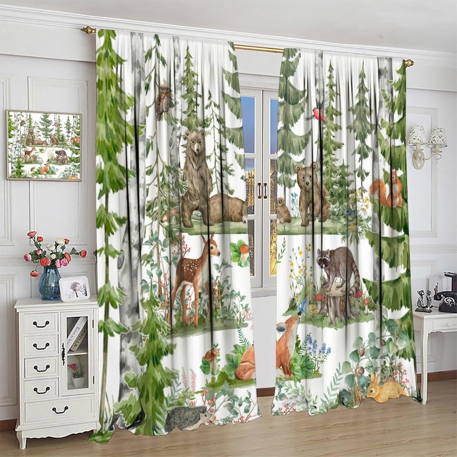 Baby Nursery Curtains - 子供用の森の動物カーテン、水彩画の野生動物、クマ、キツネ、鹿、子供用グリーンウッドランドツリーウィンドウトリートメント、保育園の赤ちゃん用