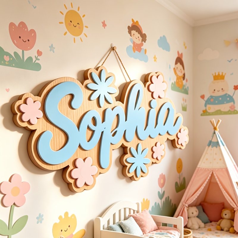 Baby Nursery - パーソナライズされた花柄の名前入りルームサイン、カスタマイズ可能なパステルカラーの花柄ドア飾り、保育園や寝室の装飾、素敵な吊り下げ式ギフト
