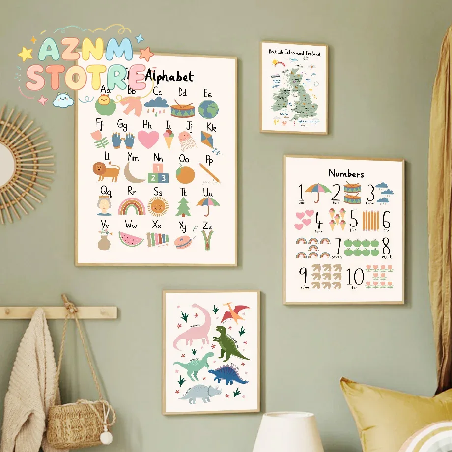 Baby Nursery Items - 動物世界地図 恐竜 アルファベット 数字 キャンバス ウォールアート