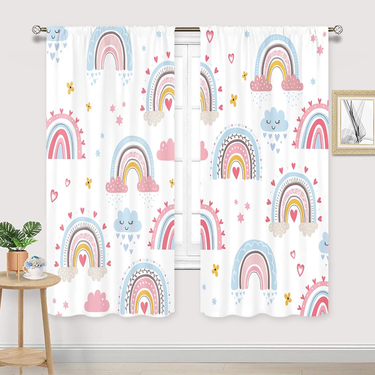 Baby Nursery Curtains - 女の赤ちゃんピンクボヘミアンレインボーカーテンロッドポケットかわいい漫画カラフルな雲星子供のための子供保育園寝室の装飾