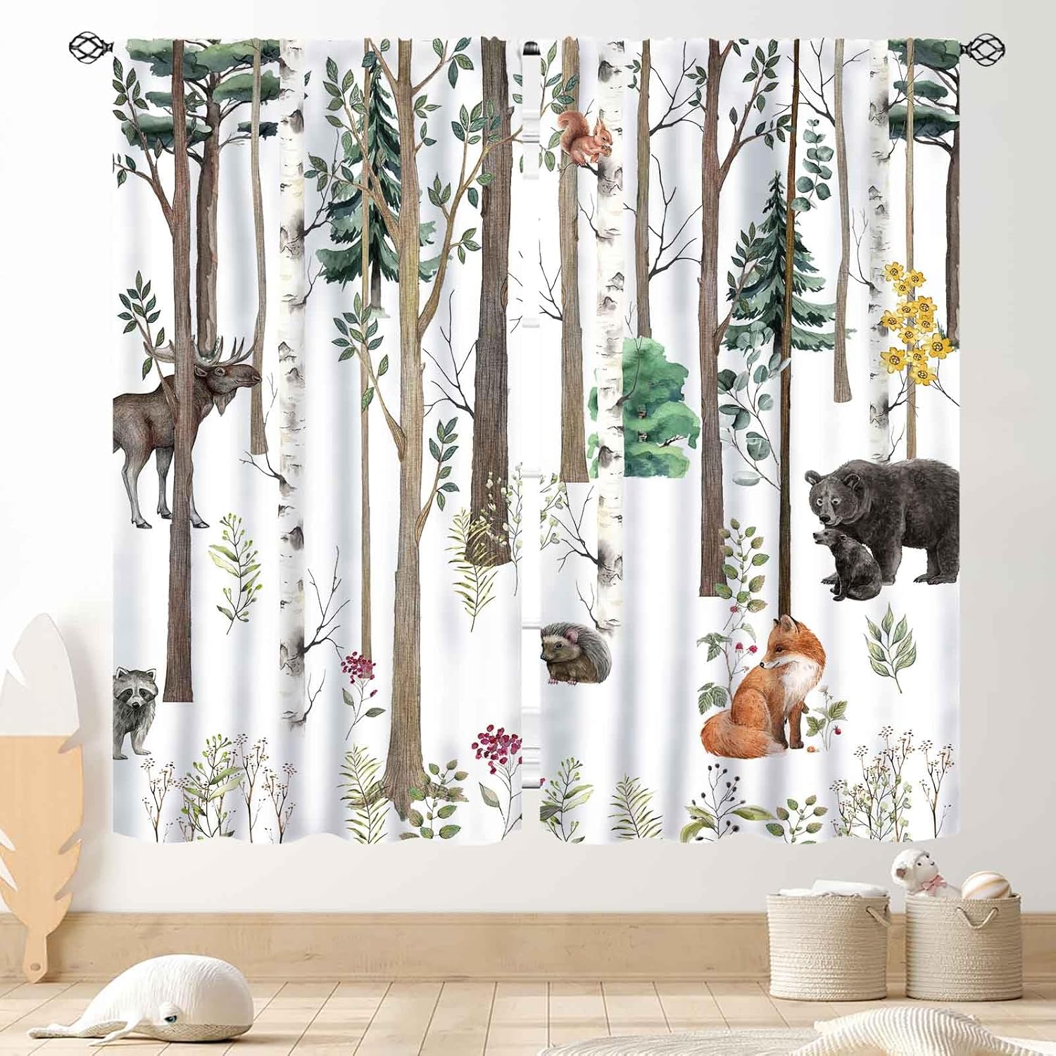 Blackout Curtain Nursery - ウッドランド保育園カーテン、素朴な森の動物水彩画野生のサファリ動物クマキツネ鹿ロッジコテージ遮光窓ドレープ