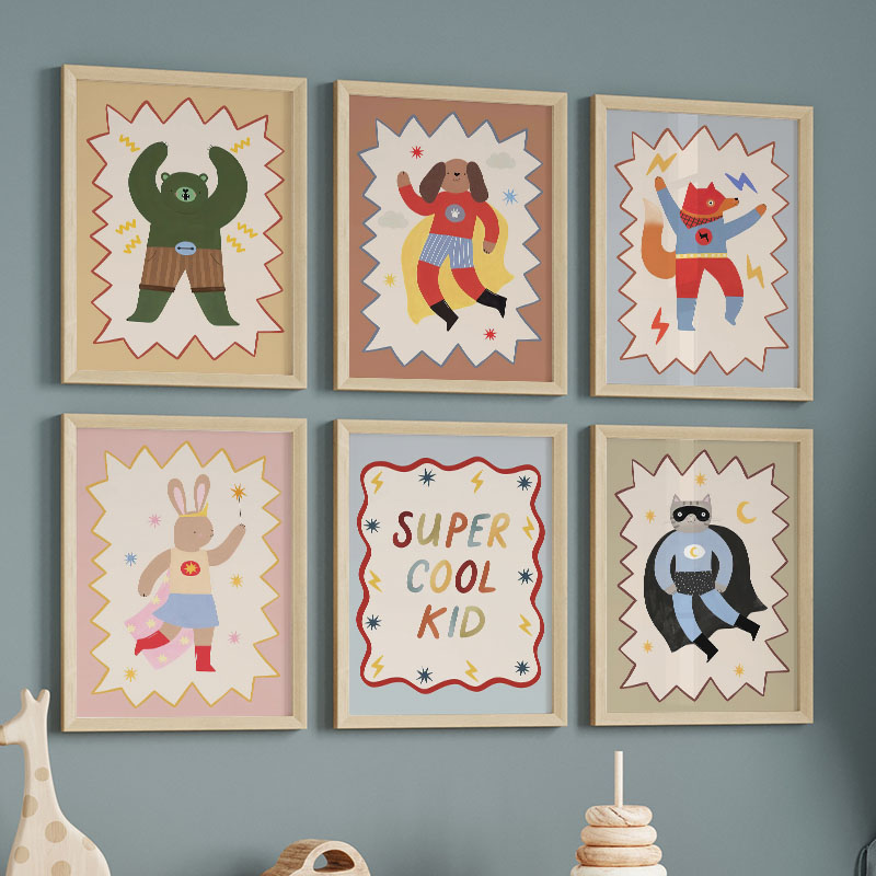 Baby Nursery Items - 面白い漫画の超クールな子供部屋の壁飾りキャンバス絵画、クマ、ウサギ、キツネのポスター＆プリント、赤ちゃん子供部屋の装飾用絵画