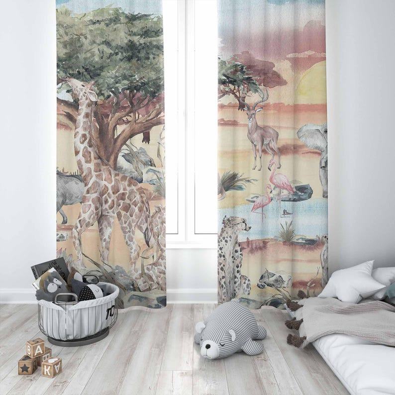 サファリ動物カーテン子供の寝室保育園カーテン遮光保育園装飾ベ - Baby Nursery Curtains のレビューと価格
