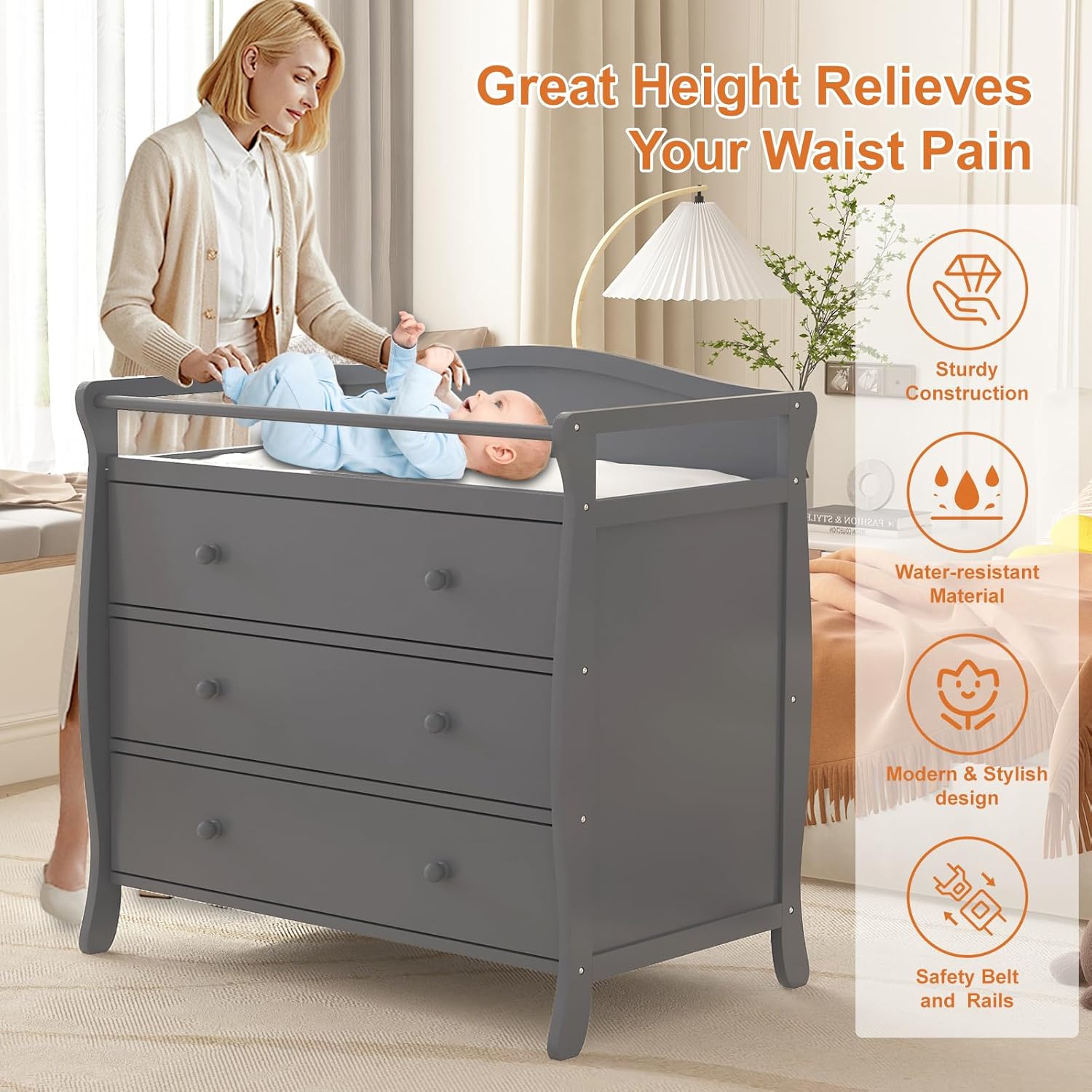 3段引き出し付きベビーおむつ交換台、木製おむつ交換台、安全ベ - Baby Nursery Unisex のレビューと価格