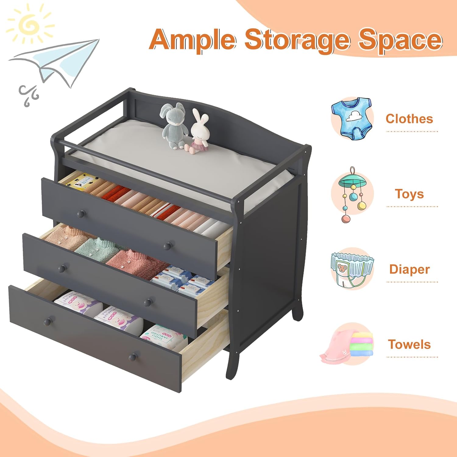 3段引き出し付きベビーおむつ交換台、木製おむつ交換台、安全ベ - Baby Nursery Unisex のレビューと価格
