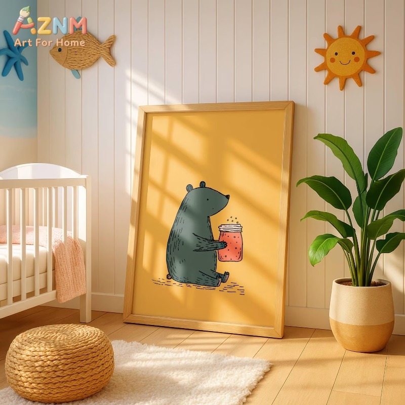 AZNM 漫画クマの蜂蜜瓶キャンバスウォールアート暖かい黄色 - Baby Nursery Yellow のレビューと価格