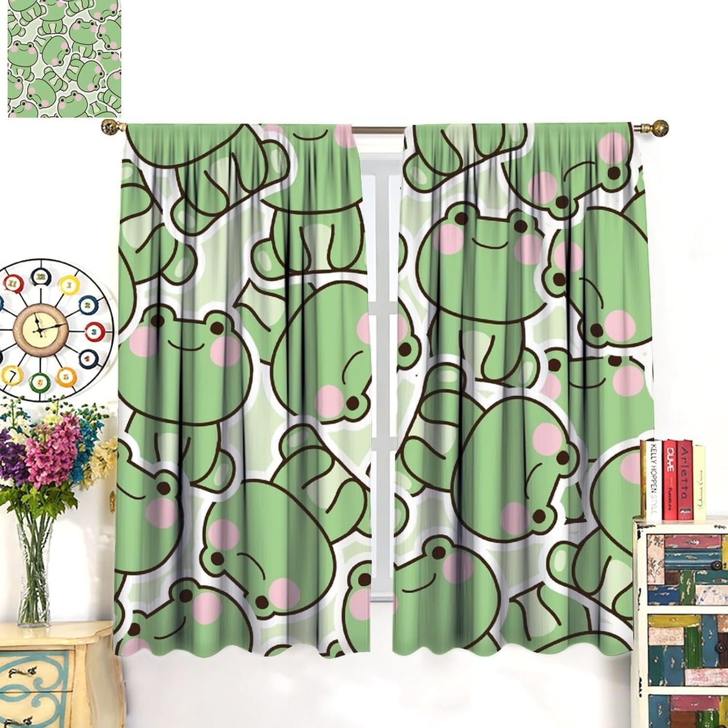 かわいい緑のカエル柄カーテン、子供部屋用カーテン、漫画風ベビ - Baby Nursery Curtains のレビューと価格
