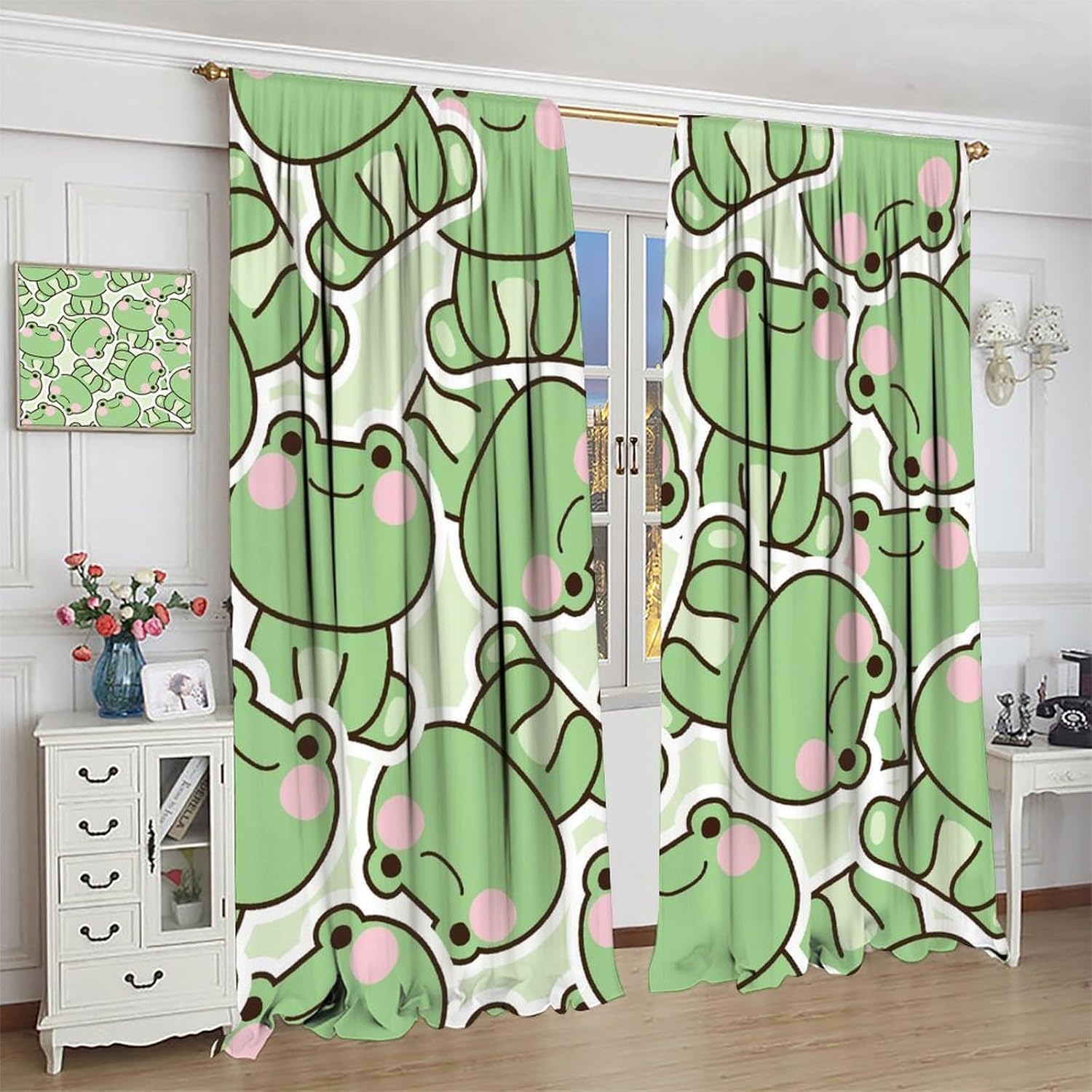 かわいい緑のカエル柄カーテン、子供部屋用カーテン、漫画風ベビ - Baby Nursery Curtains のレビューと価格