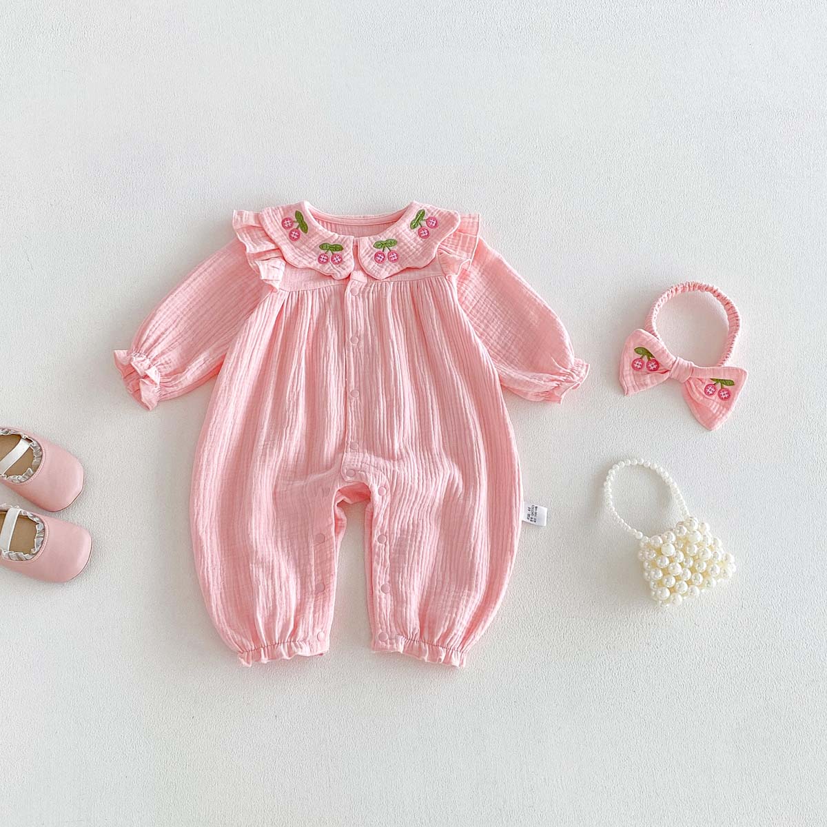 新生児女の子春秋ガーゼロンパースお揃いのリボンフリル襟桜刺繍 - Baby Nursery Embroidery のレビューと価格