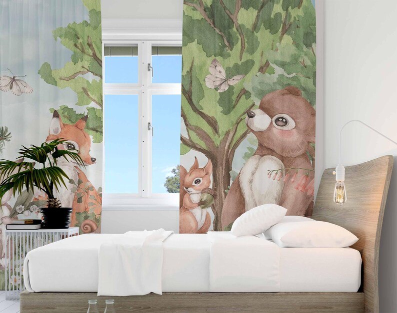 森の動物カーテン子供の寝室のカーテンプレイルームブラックアウ - Baby Nursery Curtains のレビューと価格