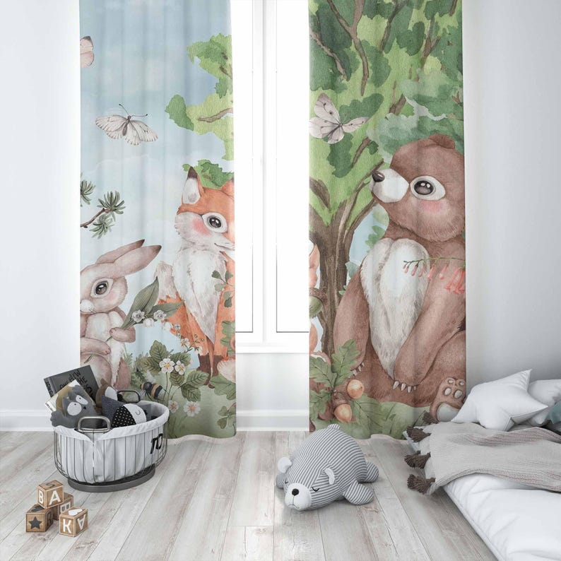 森の動物カーテン子供の寝室のカーテンプレイルームブラックアウ - Baby Nursery Curtains のレビューと価格