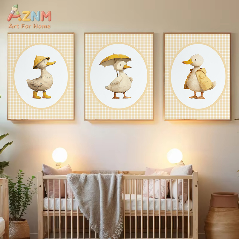 AZNM かわいいアヒルキャンバスウォールアート黄色の格子縞 - Baby Nursery Yellow のレビューと価格