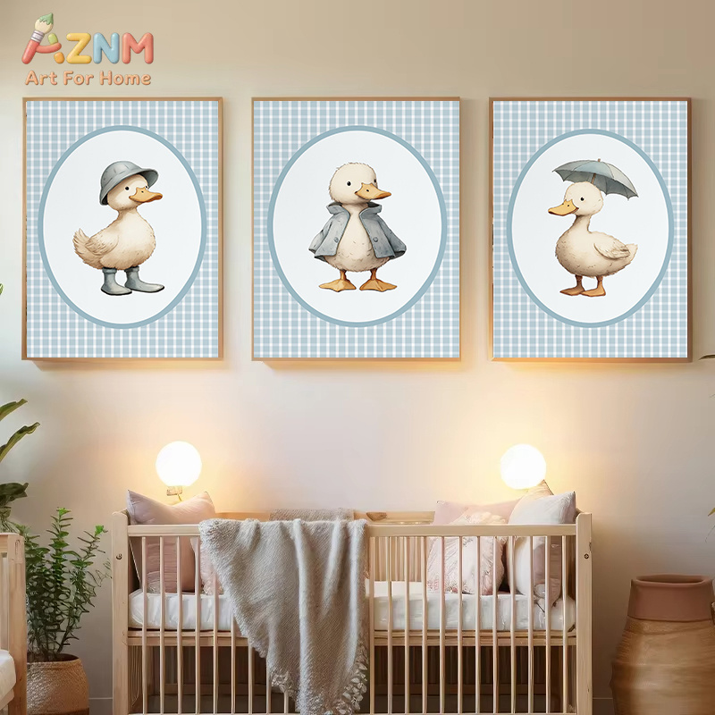 AZNM かわいいアヒルキャンバスウォールアート黄色の格子縞 - Baby Nursery Yellow のレビューと価格