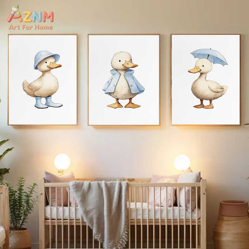 AZNM かわいいアヒルキャンバスウォールアート黄色の格子縞 - Baby Nursery Yellow のレビューと価格