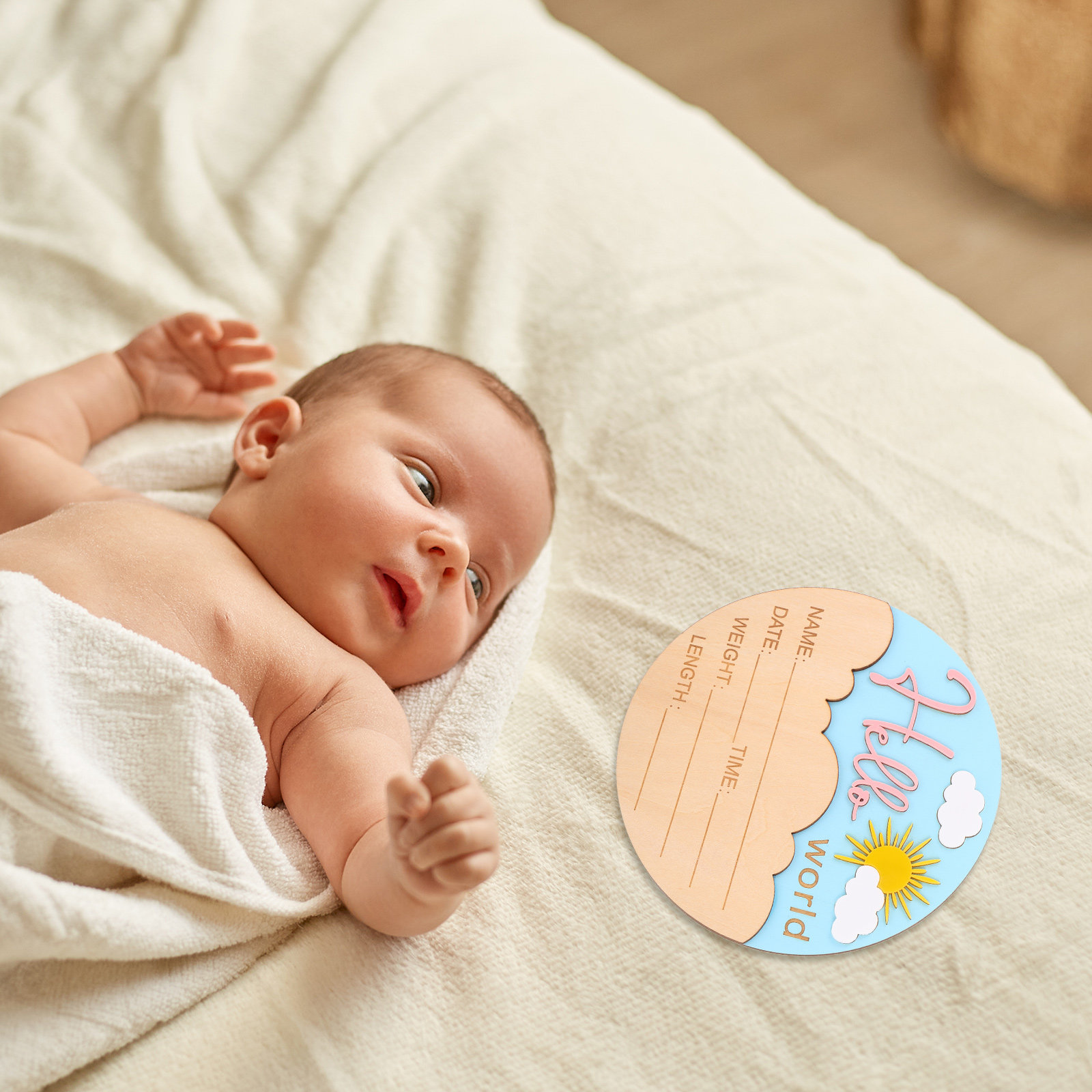 新生児発表用木製丸型ネームプレート、ジェンダーニュートラルの - Baby Nursery Gender Neutral のレビューと価格