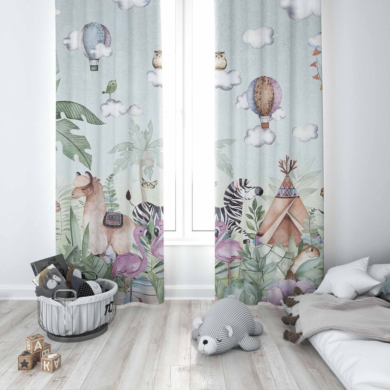 サファリ動物パーティー保育園カーテン子供の寝室のカーテン遮光 - Baby Nursery Curtains のレビューと価格