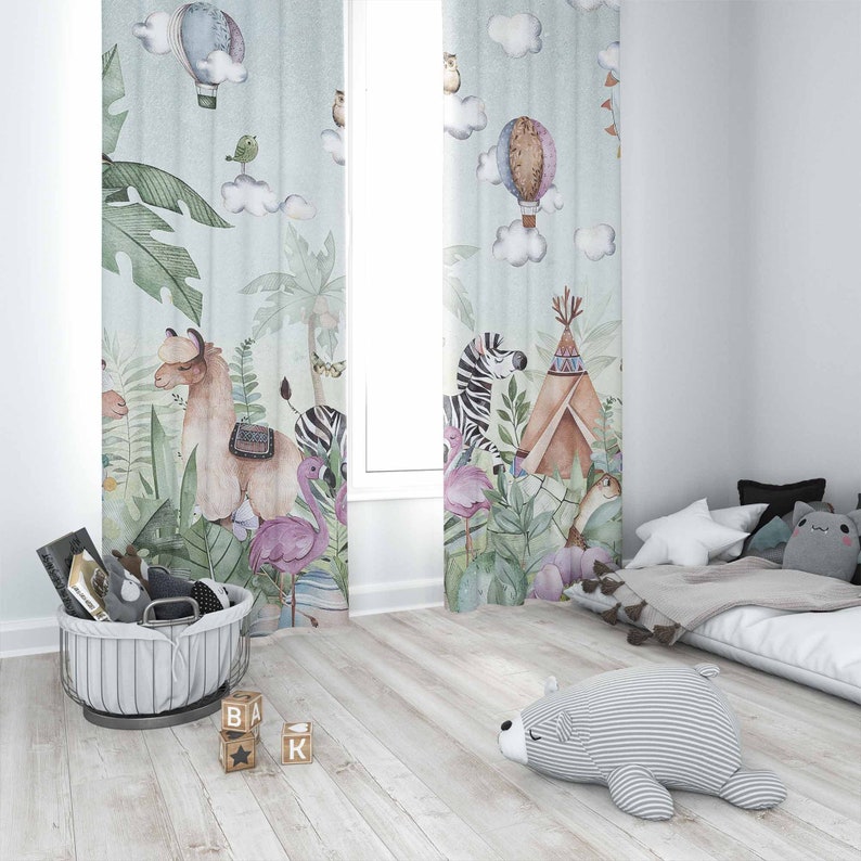 サファリ動物パーティー保育園カーテン子供の寝室のカーテン遮光 - Baby Nursery Curtains のレビューと価格