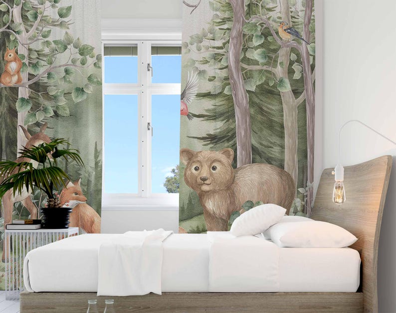 森の動物カーテン子供保育園遮光保育園装飾ベビールームカーテン - Baby Nursery Curtains のレビューと価格
