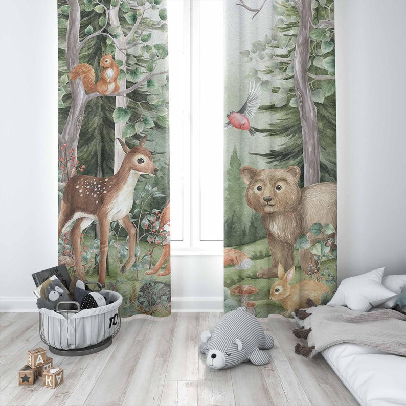 森の動物カーテン子供保育園遮光保育園装飾ベビールームカーテン - Baby Nursery Curtains のレビューと価格