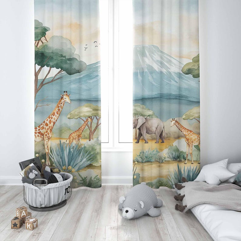 サファリ動物子供用カーテン男の子の部屋カーテン遮光カーテン保 - Baby Nursery Curtains のレビューと価格