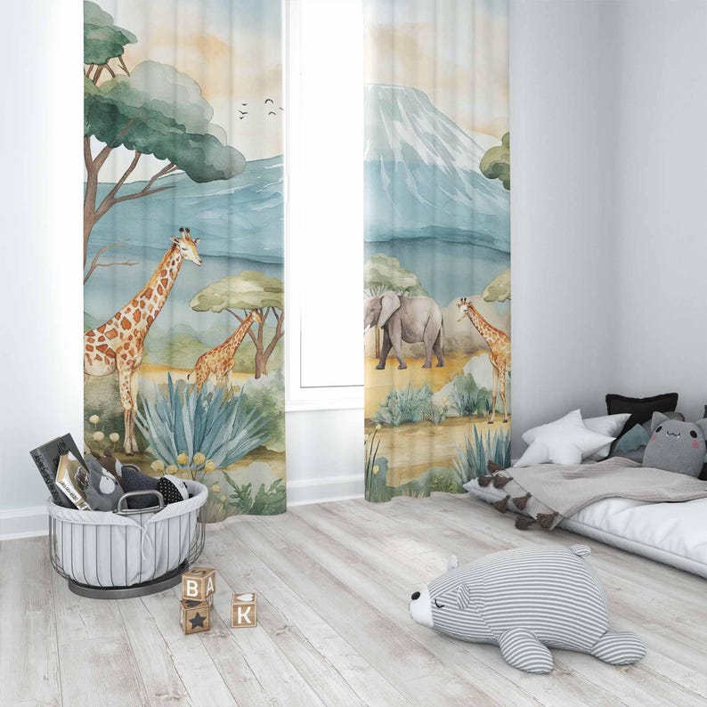 サファリ動物子供用カーテン男の子の部屋カーテン遮光カーテン保 - Baby Nursery Curtains のレビューと価格