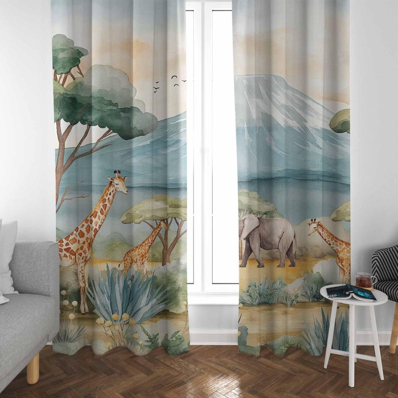 サファリ動物子供用カーテン男の子の部屋カーテン遮光カーテン保 - Baby Nursery Curtains のレビューと価格