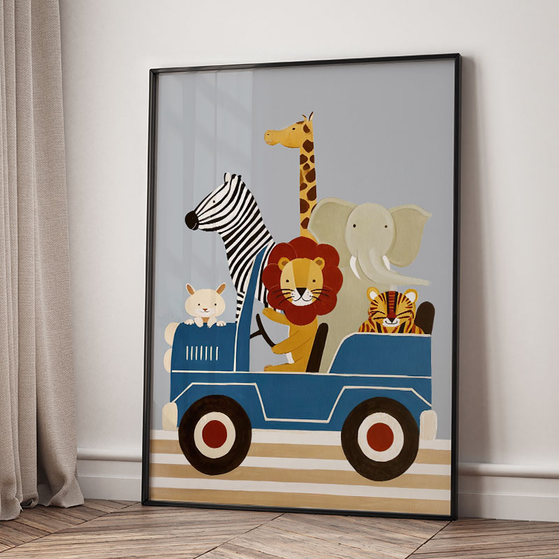 面白い漫画の動物車風船保育園ウォールアートキャンバス絵画ライ - Baby Nursery Items のレビューと価格