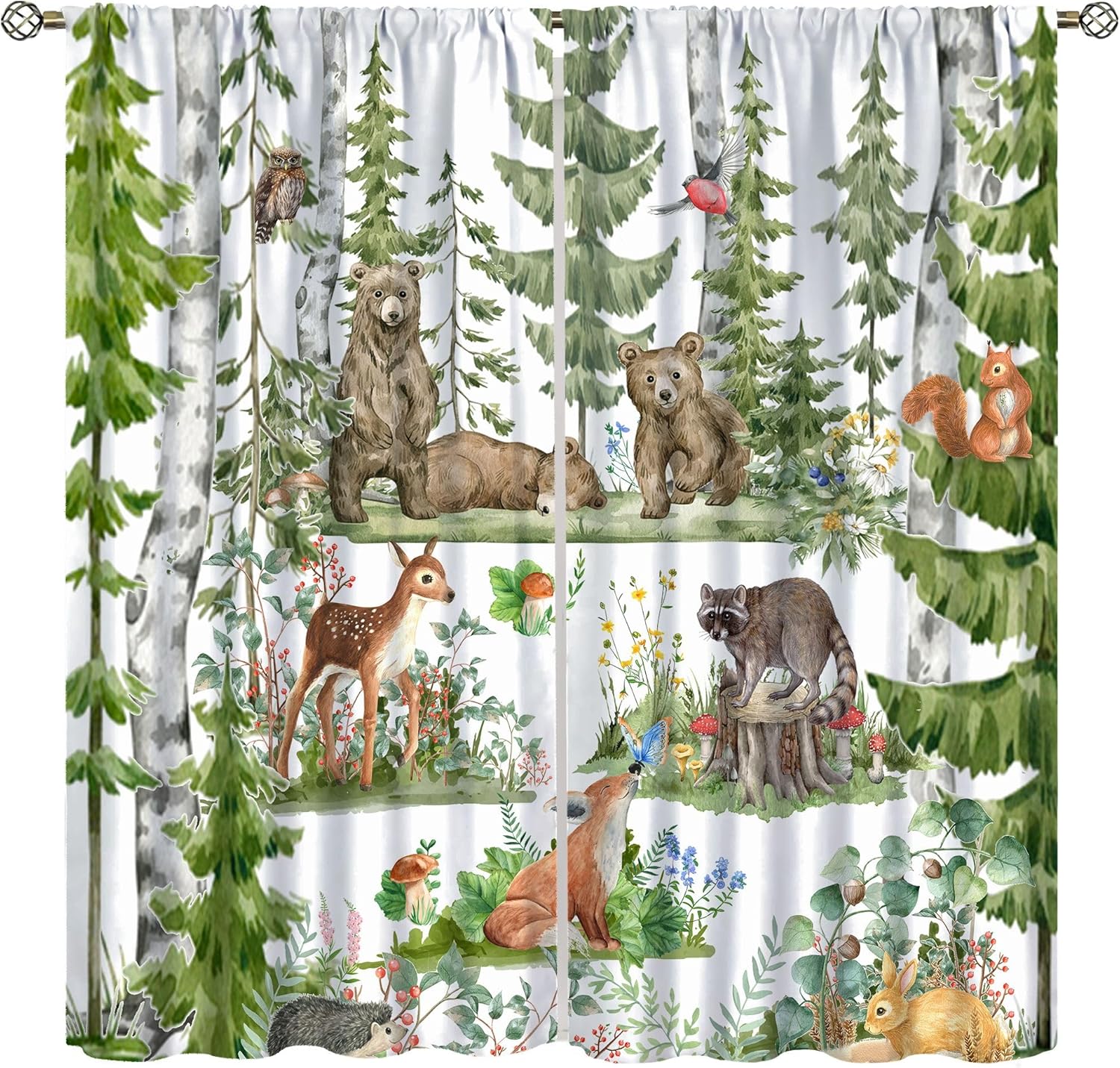 子供用の森の動物カーテン、水彩画の野生動物、クマ、キツネ、鹿 - Baby Nursery Curtains のレビューと価格