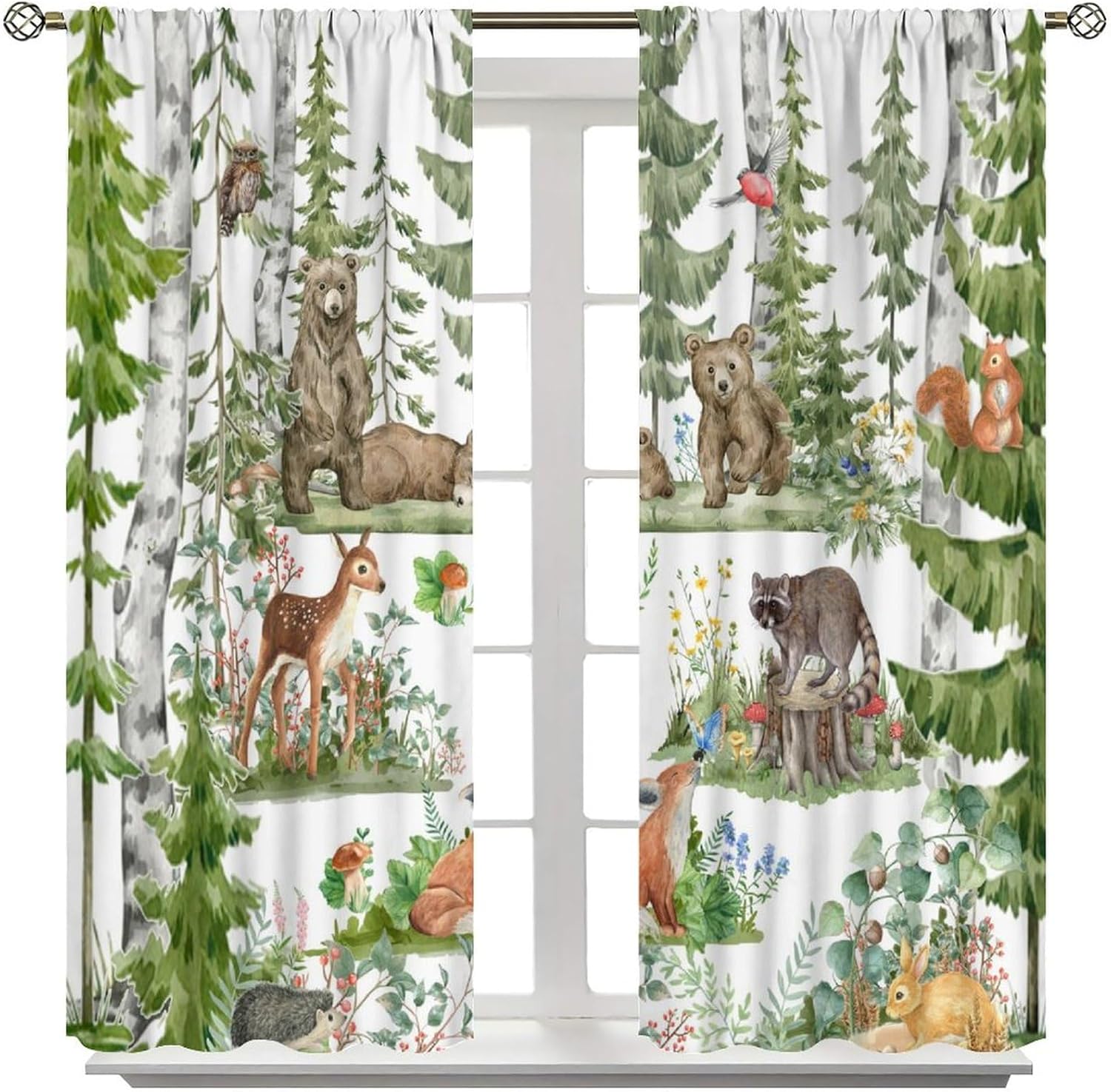 子供用の森の動物カーテン、水彩画の野生動物、クマ、キツネ、鹿 - Baby Nursery Curtains のレビューと価格