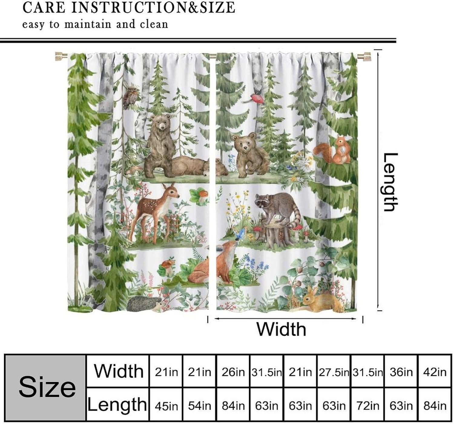 子供用の森の動物カーテン、水彩画の野生動物、クマ、キツネ、鹿 - Baby Nursery Curtains のレビューと価格