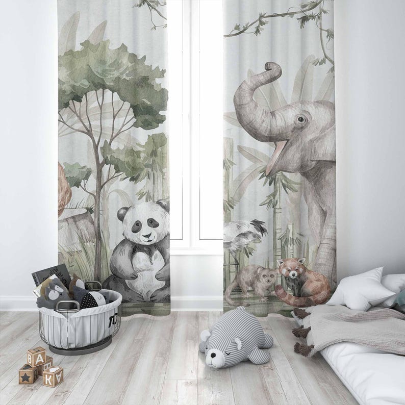 サファリ動物カーテン子供の寝室のカーテンプレイルームブラック - Baby Nursery Curtains のレビューと価格