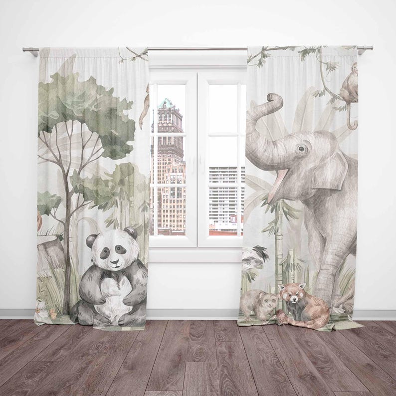サファリ動物カーテン子供の寝室のカーテンプレイルームブラック - Baby Nursery Curtains のレビューと価格
